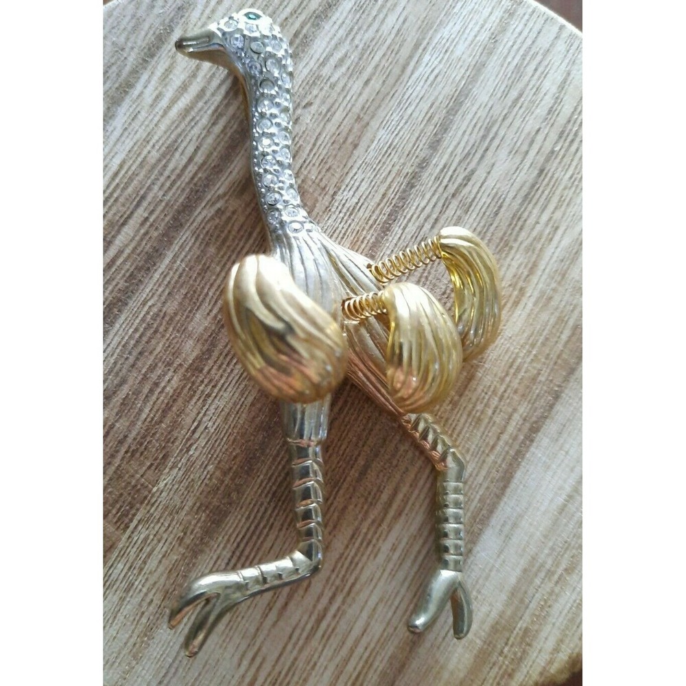 Vintage Ostrich Trembler Brooch Gold Tone Pave Rhinestone Novelty Bird Pin Rare